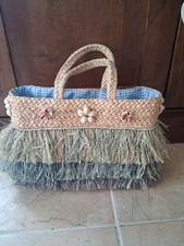 Woven Beach Bag With Straw  And Shell Decoration Lined In Blue And White Check