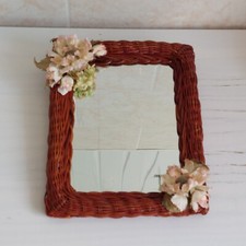 Vintage Wicker Rattan Wall Mirror Artifical Flowers Small Rectangle Boho Cottage