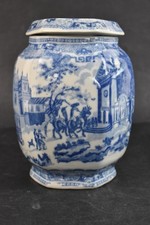 WWR & Co Japanese Style Lidded Ginger Jar Blue & White Transfer Print Vintage