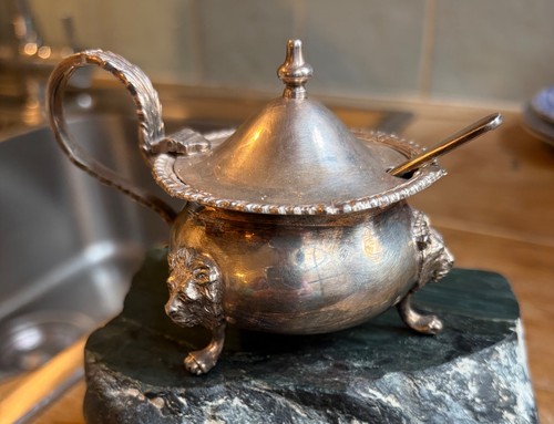 Silver mustard pot with spoon - mustard,