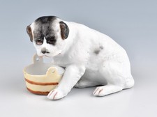 Antique Gebrüder Heubach Porcelain Small Puppy Dog Figurine With Bowl c.1900