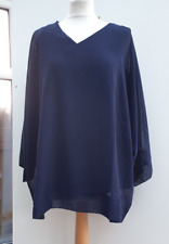 nina leonard Chiffon Overlay round neck blouse top lined size LARGE Navy QVC