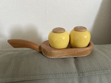 Vintage 1960's Jie Gantofta Sweden Ceramic Beech Wood Salt Pepper Set Yellow