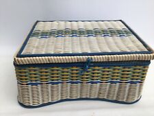Vintage Sewing Box Basket 1950s /60’s Pin Cushion Fabric Storage Blue White