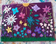 Handmade Felt And Embroidery Wall Hanging Picture Flower Meadow Floral