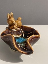 Vintage Ceramic Trinket Dish Made In Japan Rabbit On A Leaf Beautiful Blue Glaze