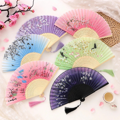 Folding hand fan bamboo - bamboo, silk