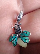 Bracelet Charm Cute Bug 925 Sterling Silver GLOWING Fire Fly + Velvet Pouch