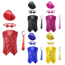 Boys 4 Piece Sequins Dance Costume Glitter Waistcoat with Hat Bowtie Necktie Set