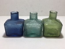 3 Nice BLUE DARK AQUA OLIVE GREEN Swirly Old Victorian CUBE shaped Ink Bottles