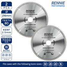 2Pc 216mm x 80T x 30mm TCT Circular Wood Saw Blade For Bosch Makita Dewalt Mitre