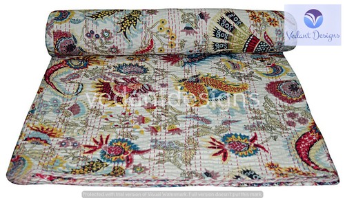 White bed runner kantha quilt - bed,