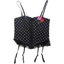 y2k Lise Charmel Black & Grey Rockabilly Retro Polka Dot Strappy Corset | Size S