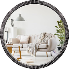 35" round Wood Mirror, Rustic Circle Wall Mirror with Beveled, Wooden round Mirr