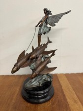 Bronze & Marble Sculpture - Ocean Fairy riding on Flying Fish - 38cm - Signed