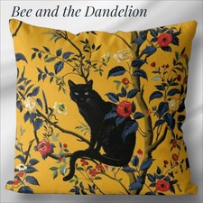 Black Cat In Floral Tree ~ Mustard Plush Coloured Cushion COVER 45cms X 45cms