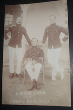 WW1 REAL PHOTO postcard 3 Soldiers sleeve chevrons white trousers dark tunics