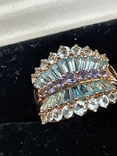 14ct gold 585 solid heavy  blue topaz amethyst aquamarine ring size n 6.1 grms