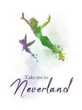 ART PRINT Peter Pan and Tinkerbell, Wall Art, Take me to Neverland Quote, Gift