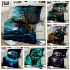 3D Pirate Ship Boat Sailboat Plush Bedspread Throw Lunch Blanket for Sofa Bed