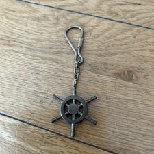 Vintage Nautical Gold Brass Metal Key Ring Chain Ship Wheel Sail Boat