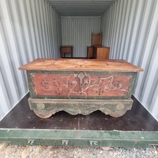 19th Century Painted Pine Dowry Chest on Wheels – Folk Art Trunk with Ironwork