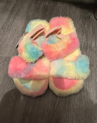Ladies fluffy rainbow - , sandals