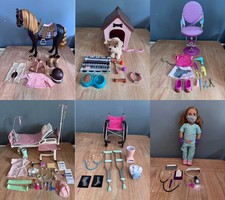 Our Generation Bundle with 4 dolls, horse, dog, hospital and hairdresser sets
