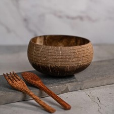 900ml Large Bowl with Spoon and Fork Breakfast Set Handmade Coconut Wooden Shell