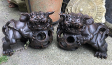 Vintage 1920/30's Japanese temple guardian foo dogs carved wood Shishi lion-dogs