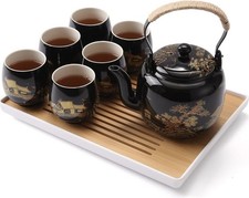 Dujust Japanese Tea Set, Black Porcelain Tea Set with 1 Teapot Set, 6 Tea Cups,