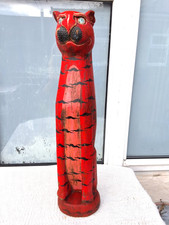LARGE VINTAGE HANDCRAFTED WOODEN RED CAT CARVED FIGURINE 61 cm