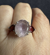 925  Sterling Silver Amethyst&2 Heart Shape Garnets  Ring -UK Size P