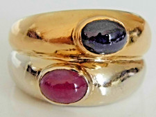STUNNING UNUSUAL DOUBLE  18ct GOLD TWO TONE RUBY & SAPPHIRE CABOCHON RING