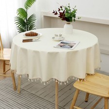 Vintage Cotton Linen Round Tablecloth Boho Table Cloth Cover with Tassel Decor