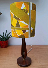 Vintage Mid Century 50s 60s 70s Teak Wood Brass Table Lamp Handmade Fabric Shade