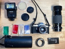 Pentax Asahi ME 35mm SLR Film Camera with 50mm f/1.7 + Sigma 70-200 F4.5 + Flash