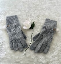 Fat Face Grey Cable Knit Gloves with White Pom Poms