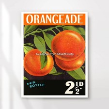 ORANGEADE Vintage Label Kitchen Art Print Poster 1950s 1960s Retro Orange Decor