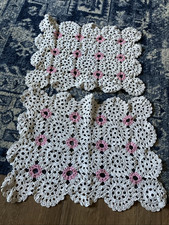 SET OF 2 VINTAGE CREAM & PINK COTTON HAND CROCHET LACE TABLE MATS