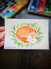 Sleeping Fox Watercolour Painting 4×6 Inches - Woodland Animal Themed Wall Decor