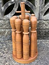 VINTAGE ANTIQUE SMALL SKITTLES ON STAND BOWLING PINS PUB GAMES