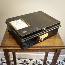 Deed Box in Black with original labels Made by Holmes and Son