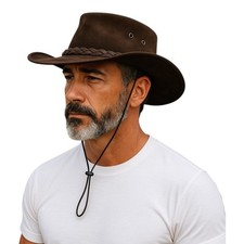 Australian Western Style Brown Suede Leather Cowboy Aussie Bush Hat Chin Strap