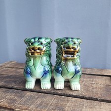 Pair Of Vintage Ceramic Green Blue Chinese Foo Dogs Fierce Guardian Lions 