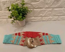 Vintage Seed Beed Stretch Native American Hand Crafted Belt Carved Festival Boho