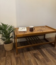 Vintage Tile-Top Coffee Table Chestnut Leaf Design Retro 1970s Danish Scandi 70s