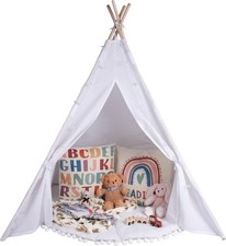 Kid's Tipi Tent, Natural Wooden Poles, Rug Included, Fairy Lights, Cotton Canvas