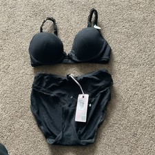 BNWT M&S  Per Una Black Bra Set Bra  34C  Bikini Briefs Size 18