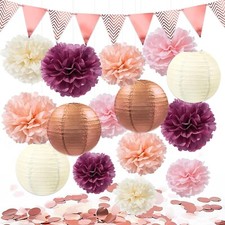 bridal shower paper pom poms paper lanterns garden party wedding table rose gold